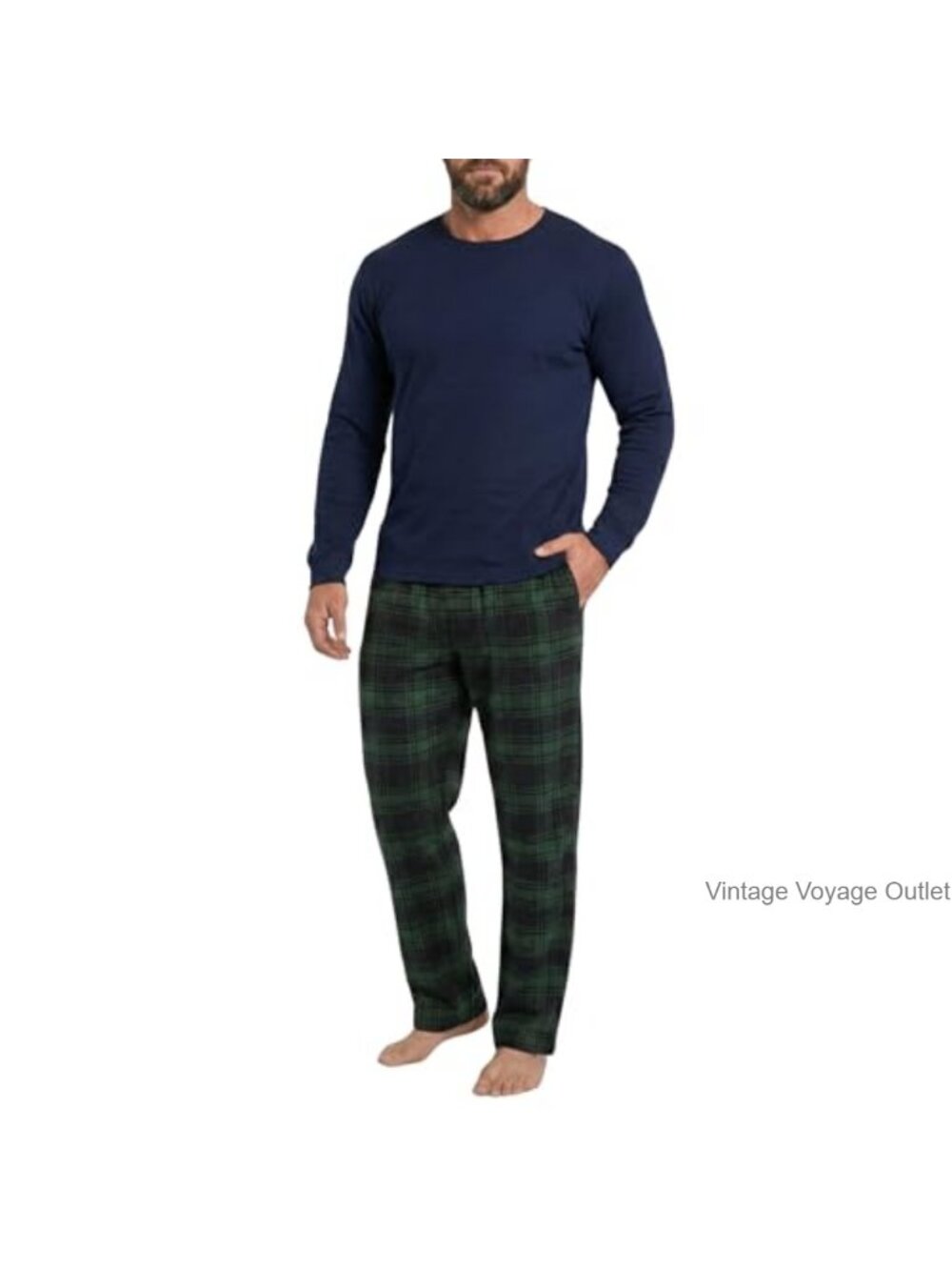 Men's Cotton Blend Flannel Pajama Set - Long Sleeve Tee & Pants - Soft